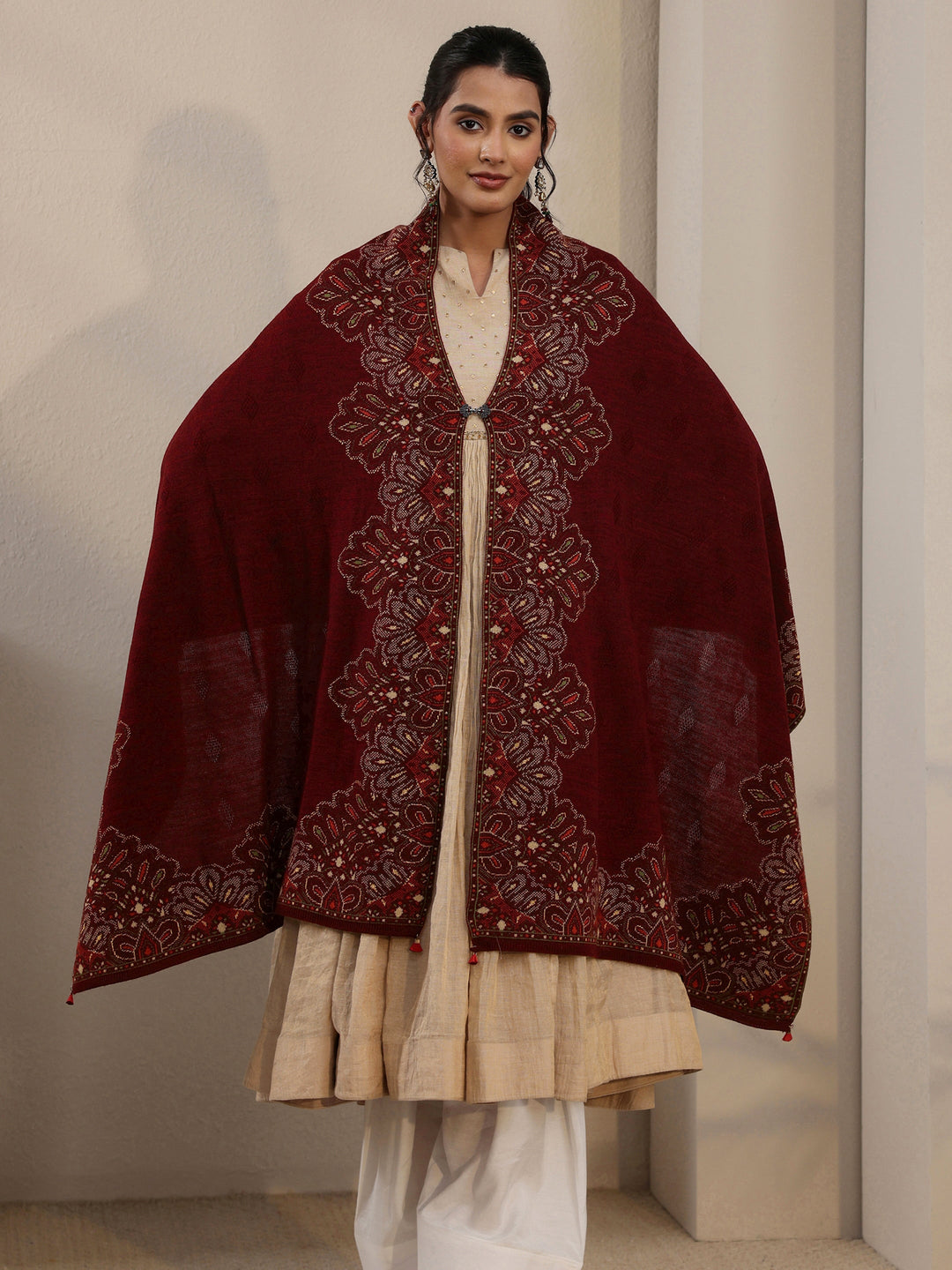Libas Maroon Ethnic Knitted Acrylic Wrap Shawl