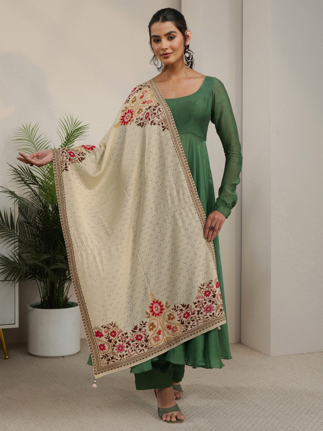 Libas Beige Floral Mesh Knit Acrylic Shawl