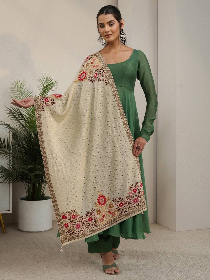 Libas Beige Floral Mesh Knit Acrylic Shawl