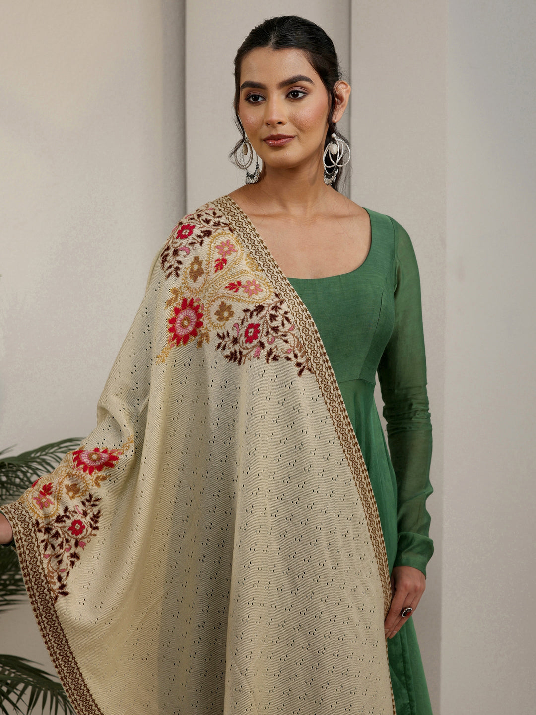 Libas Beige Floral Mesh Knit Acrylic Shawl