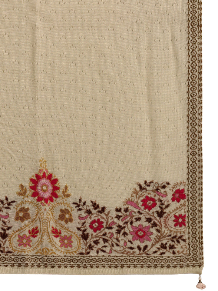 Libas Beige Floral Mesh Knit Acrylic Shawl