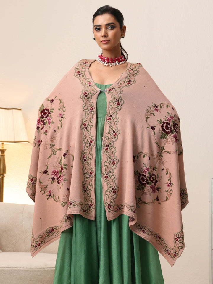 Libas Beige Floral Knitted Acrylic Wrap Shawl