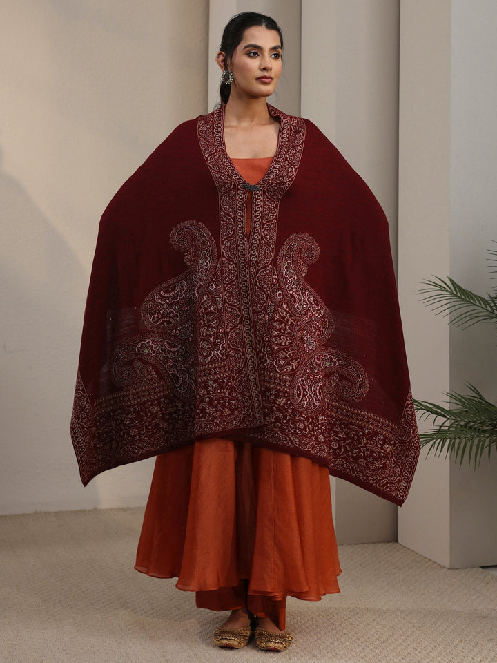 Libas Maroon Paisley Knitted Acrylic Wrap Shawl