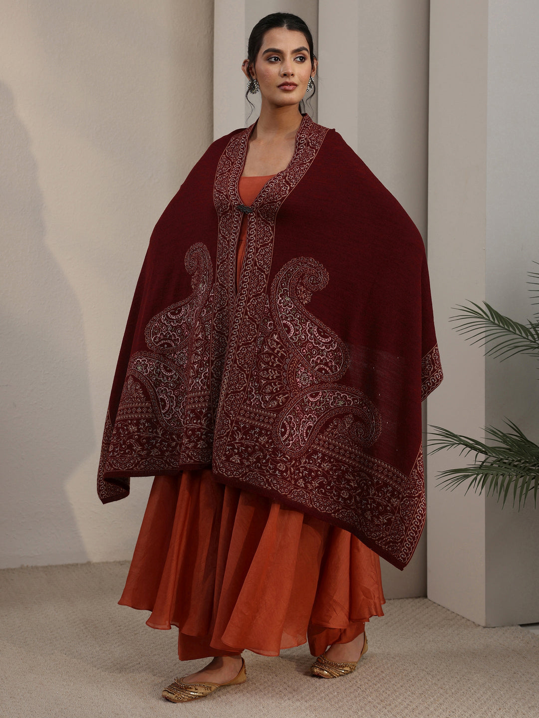 Libas Maroon Paisley Knitted Acrylic Wrap Shawl