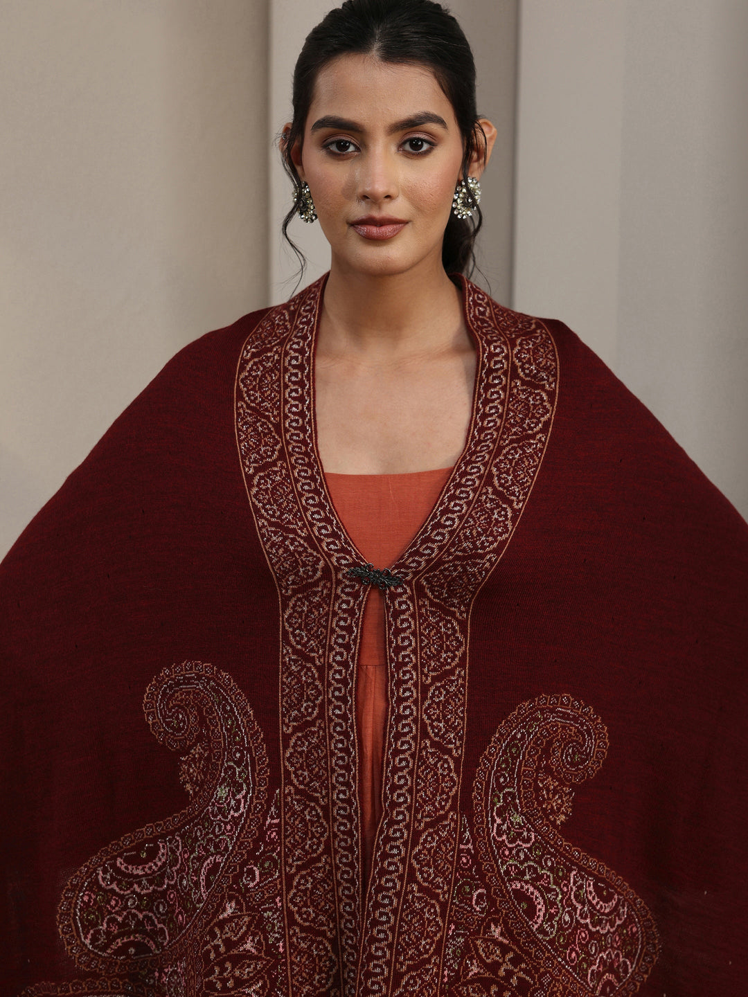Libas Maroon Paisley Knitted Acrylic Wrap Shawl