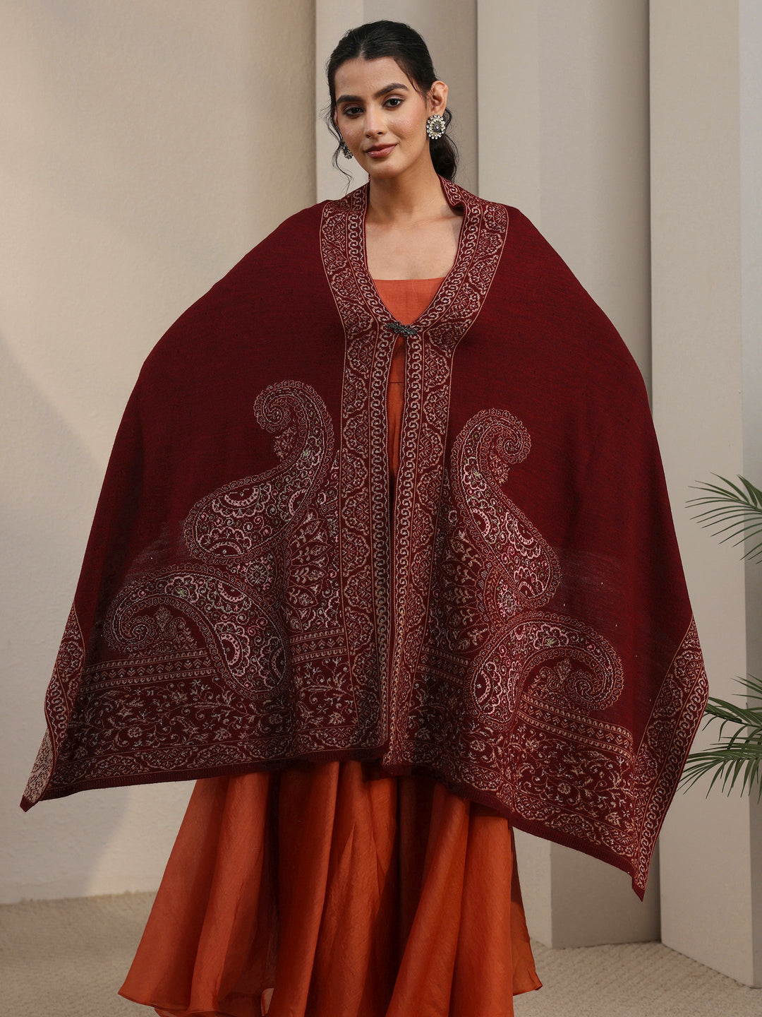 Libas Maroon Paisley Knitted Acrylic Wrap Shawl