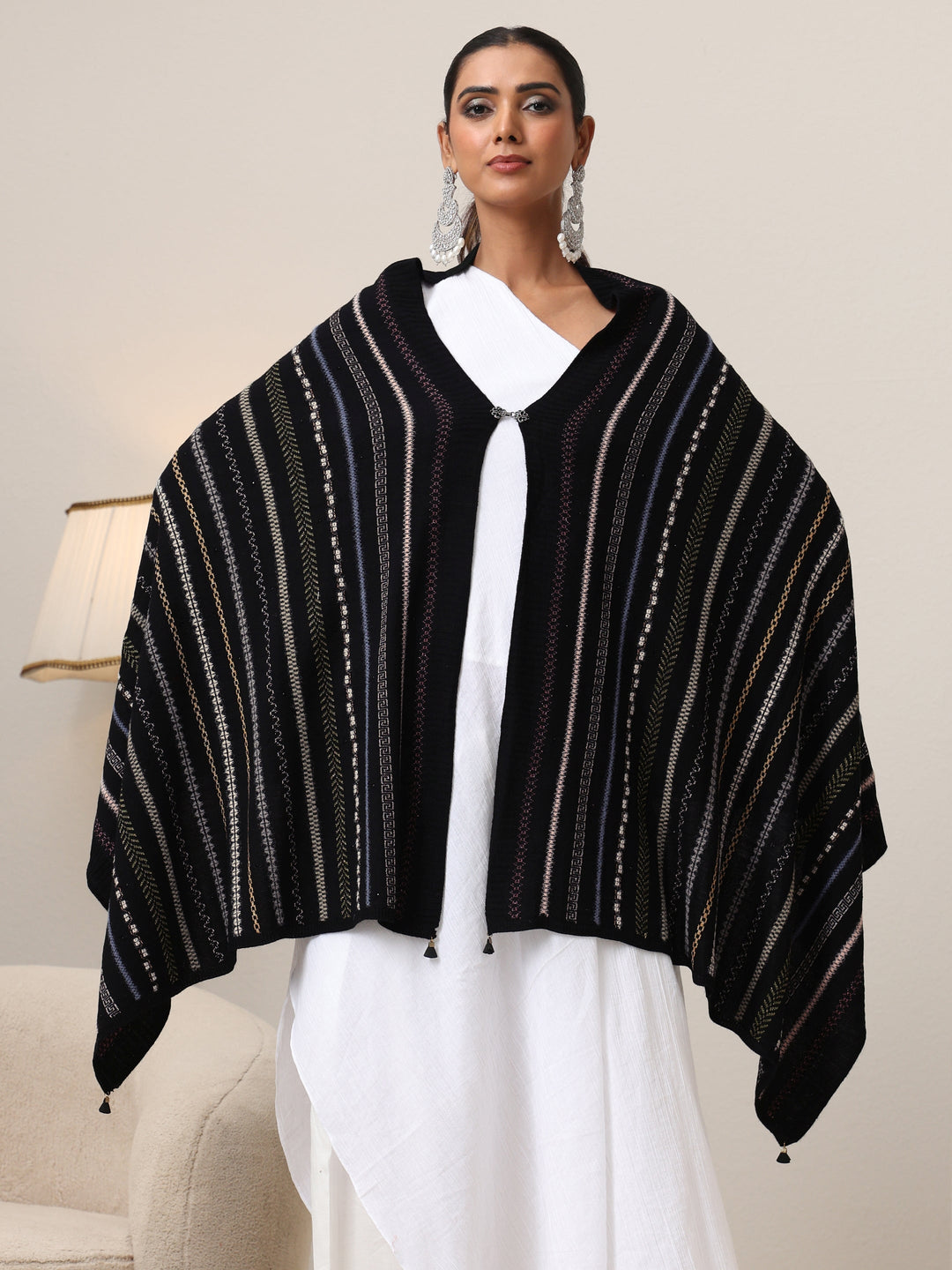 Libas Black Striped Knitted Acrylic Wrap Shawl