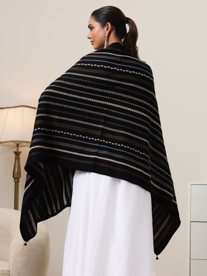 Libas Black Striped Knitted Acrylic Wrap Shawl