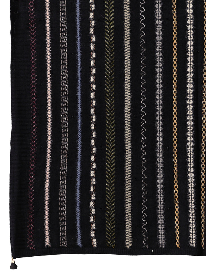 Libas Black Striped Knitted Acrylic Wrap Shawl