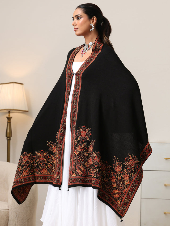 Libas Black Geometric Knitted Acrylic Wrap Shawl