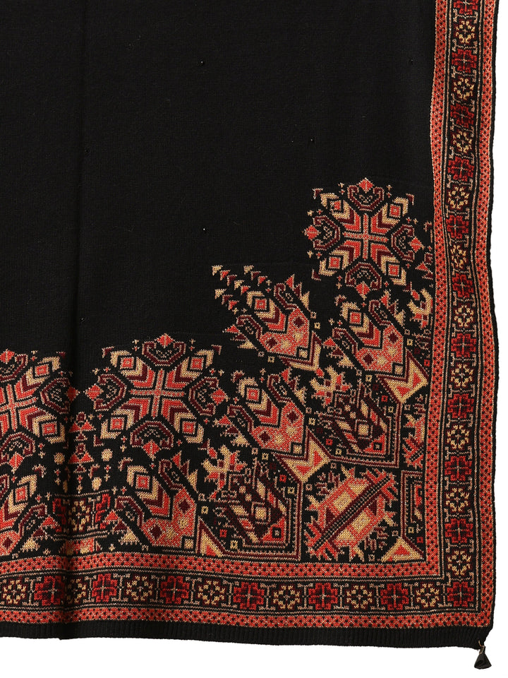 Libas Black Geometric Knitted Acrylic Wrap Shawl