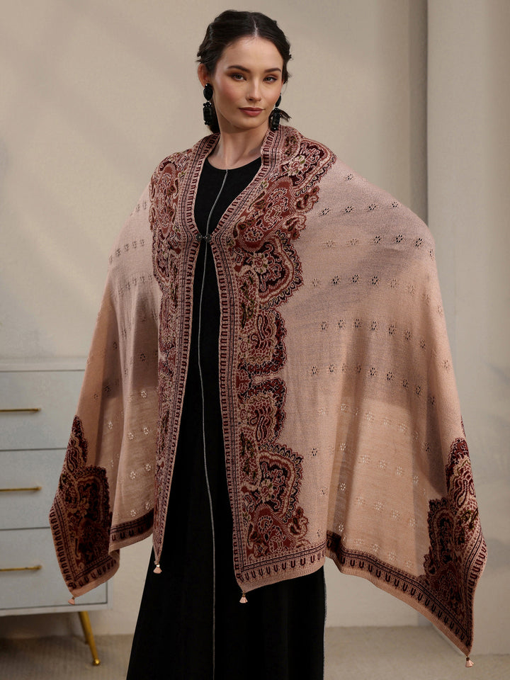 Libas Beige Ethnic Mesh Knitted Acrylic Wrap Shawl
