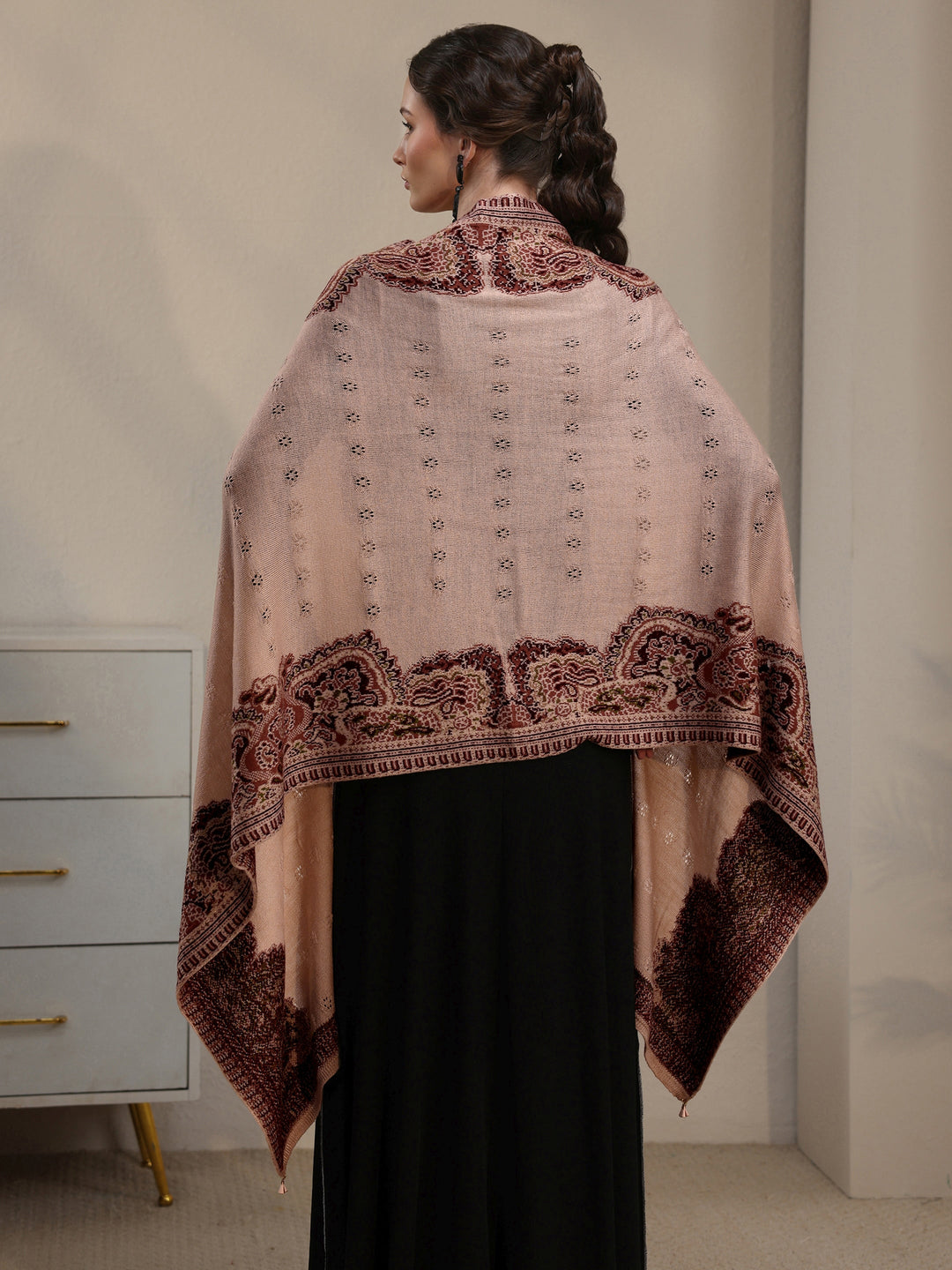 Libas Beige Ethnic Mesh Knitted Acrylic Wrap Shawl