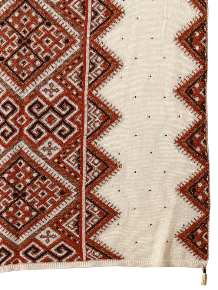 Libas White Geometric Knitted Acrylic Wrap Shawl