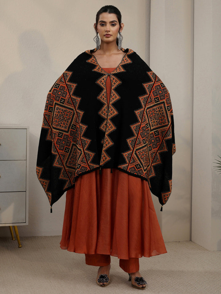 Libas Black Geometric Knitted Acrylic Wrap Shawl