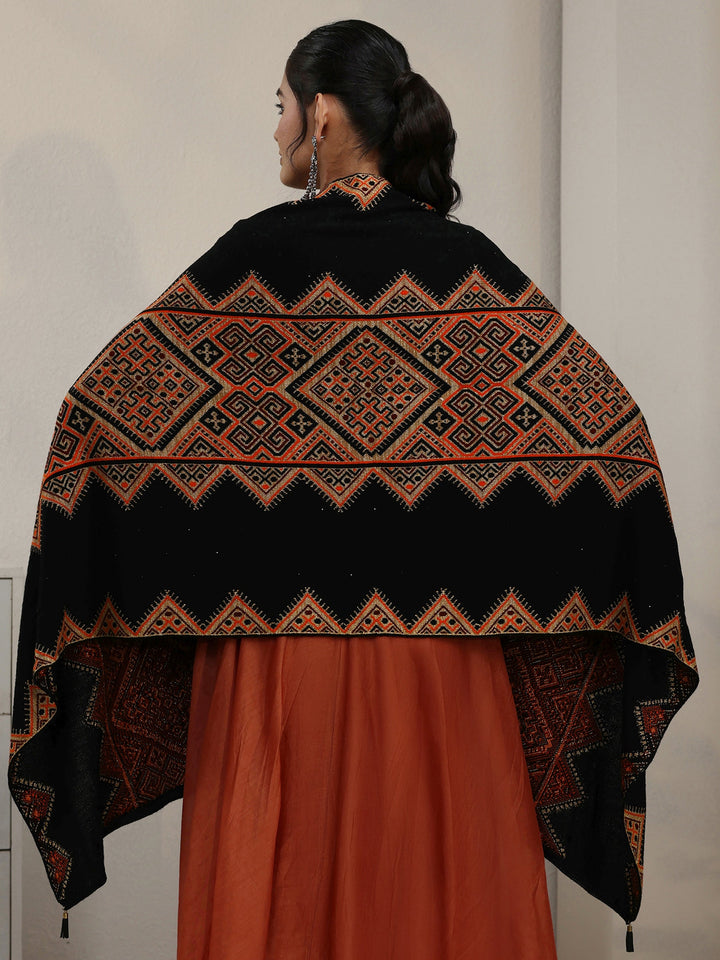Libas Black Geometric Knitted Acrylic Wrap Shawl