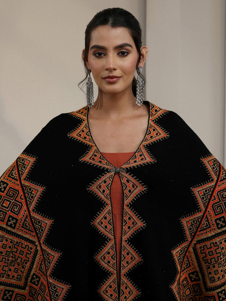 Libas Black Geometric Knitted Acrylic Wrap Shawl