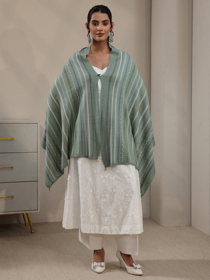Libas Sage Green Ethnic Striped Knitted Acrylic Wrap Shawl