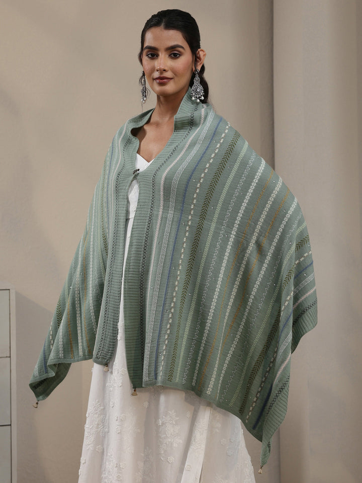Libas Sage Green Ethnic Striped Knitted Acrylic Wrap Shawl