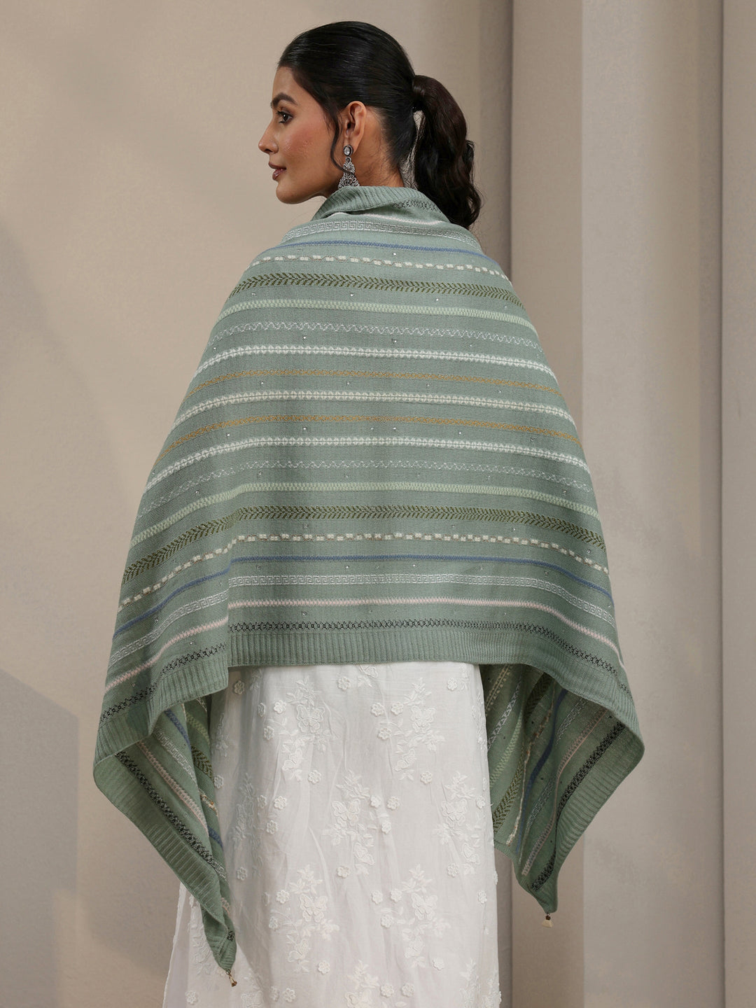 Libas Sage Green Ethnic Striped Knitted Acrylic Wrap Shawl