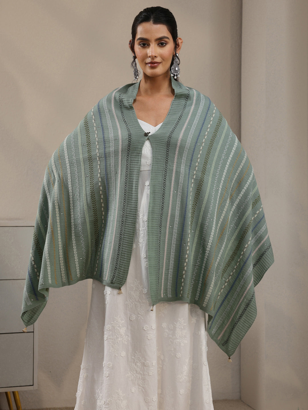 Libas Sage Green Ethnic Striped Knitted Acrylic Wrap Shawl