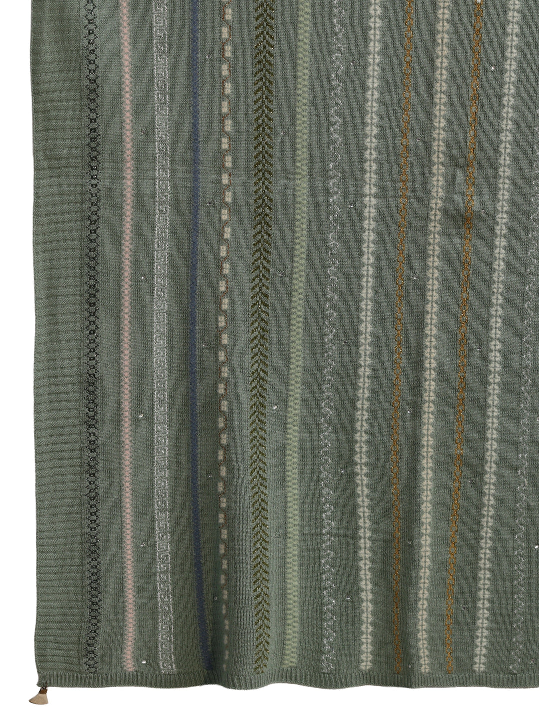 Libas Sage Green Ethnic Striped Knitted Acrylic Wrap Shawl