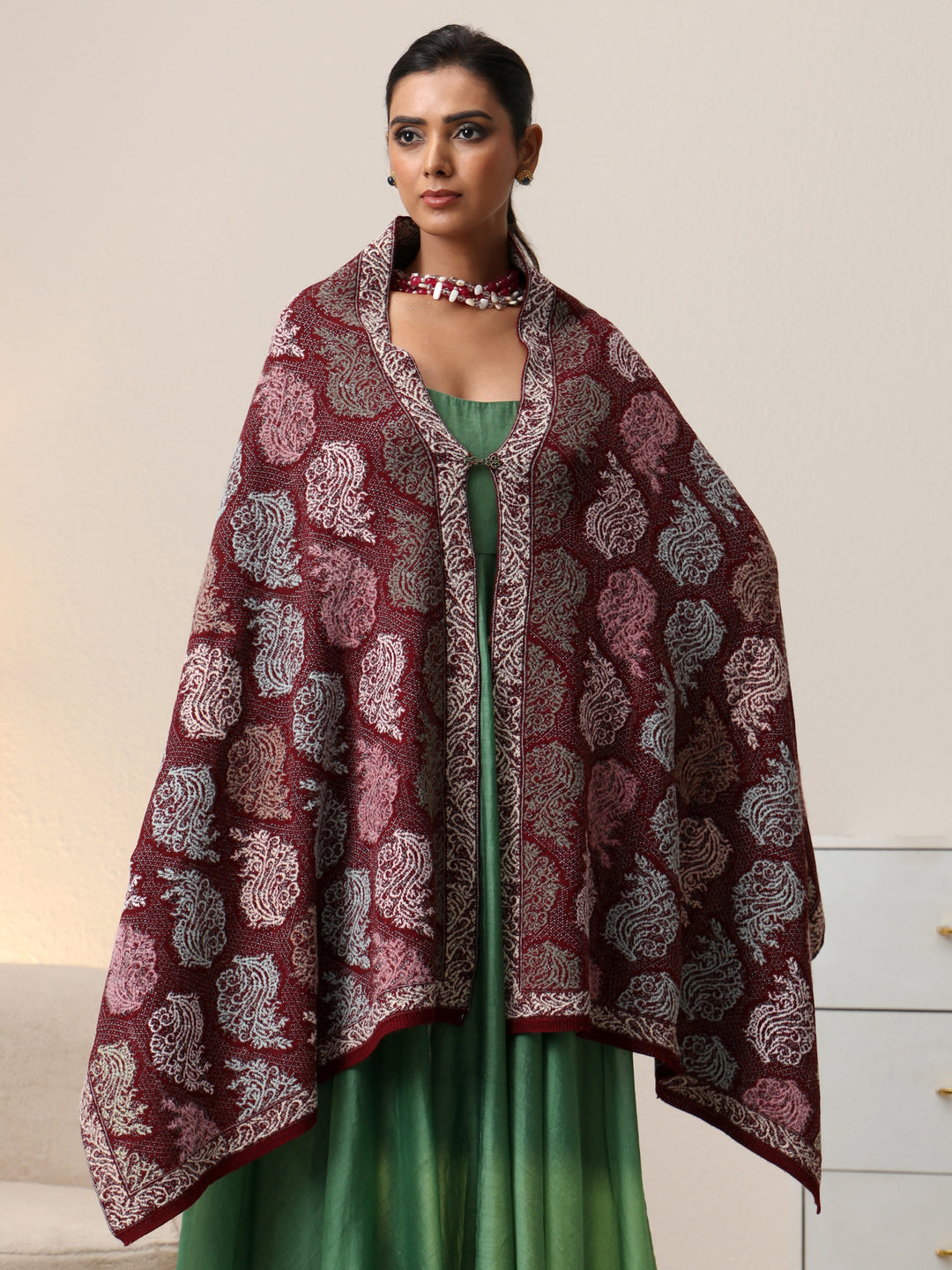 Libas Maroon Floral Knitted Acrylic Wrap Shawl