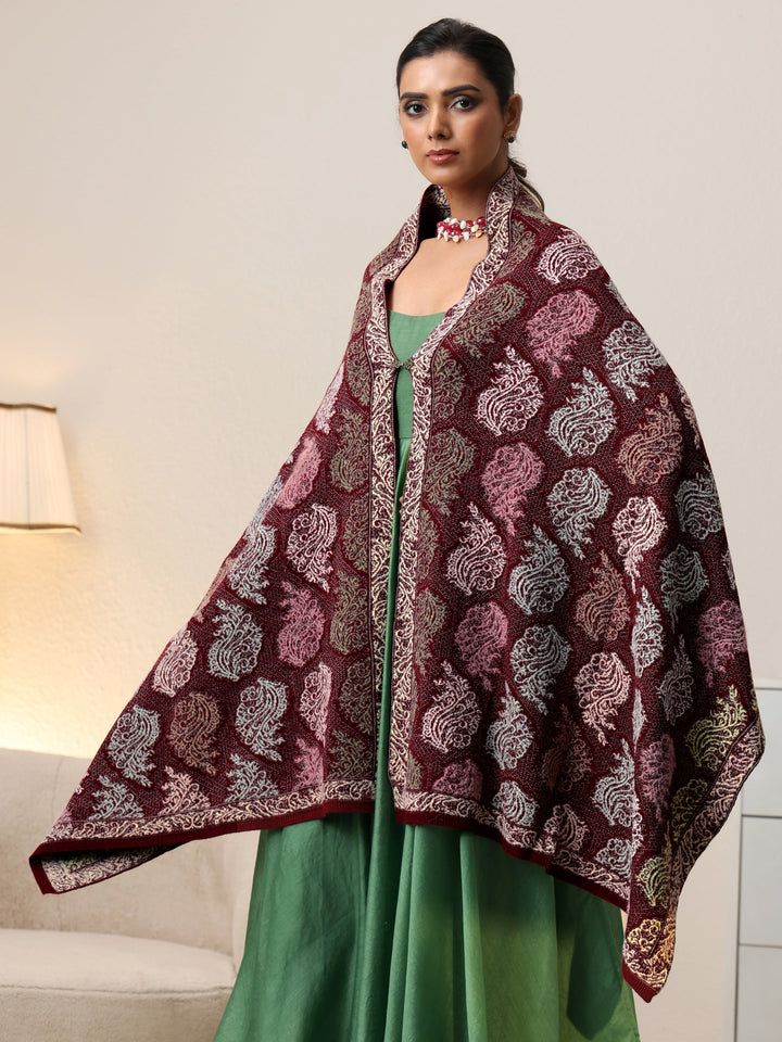 Libas Maroon Floral Knitted Acrylic Wrap Shawl