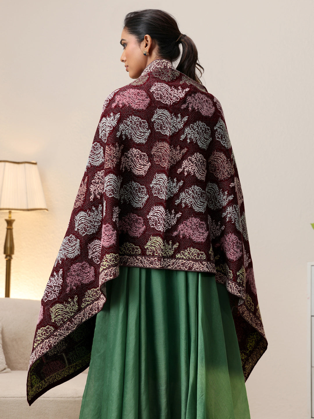 Libas Maroon Floral Knitted Acrylic Wrap Shawl
