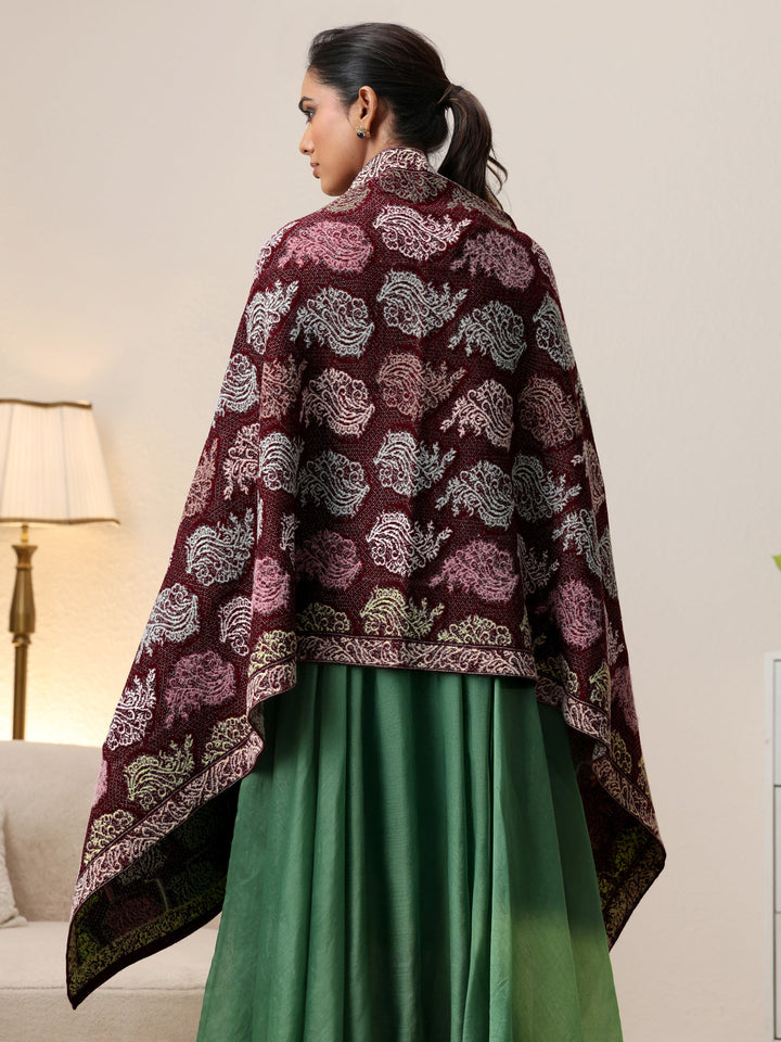 Libas Maroon Floral Knitted Acrylic Wrap Shawl