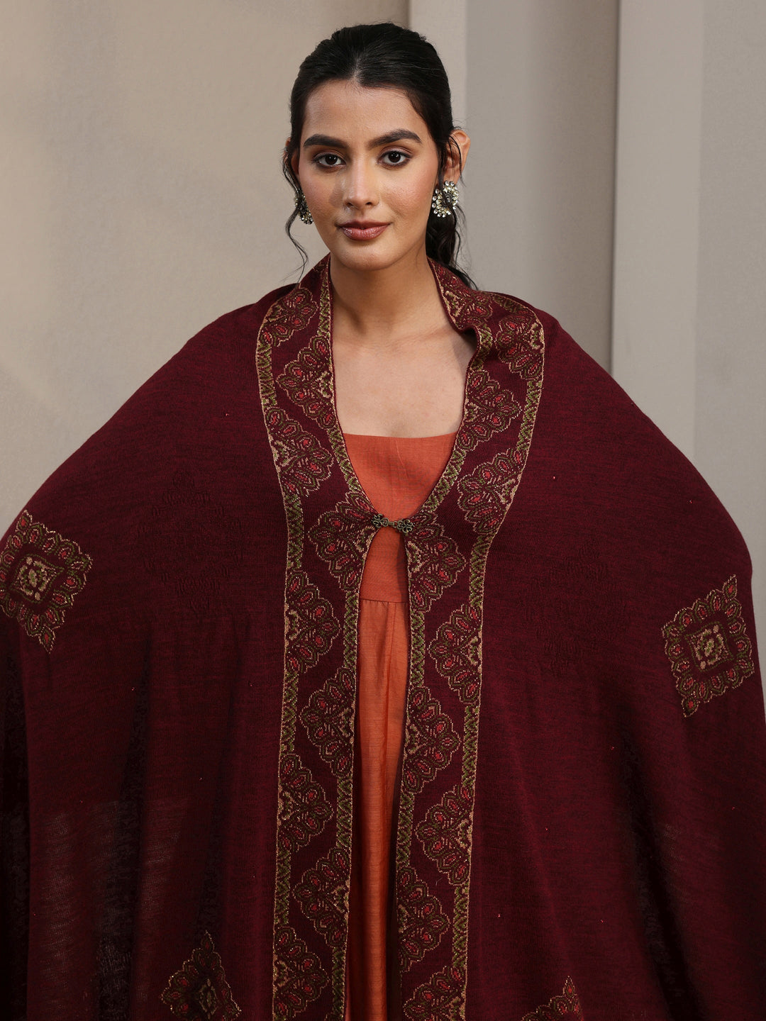 Libas Maroon Ethnic Knitted Acrylic Wrap Shawl