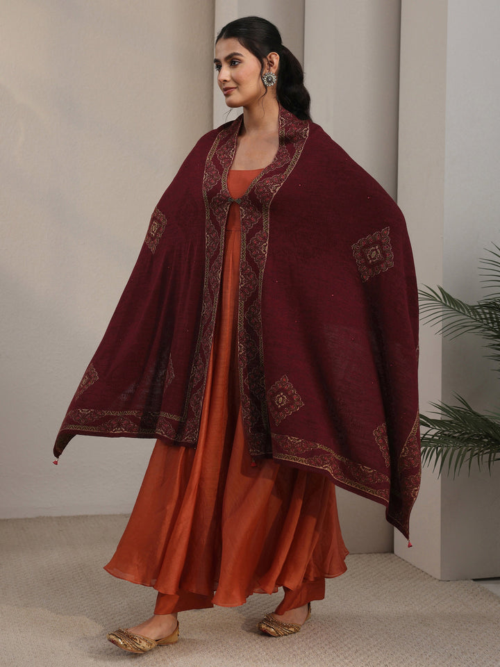 Libas Maroon Ethnic Knitted Acrylic Wrap Shawl