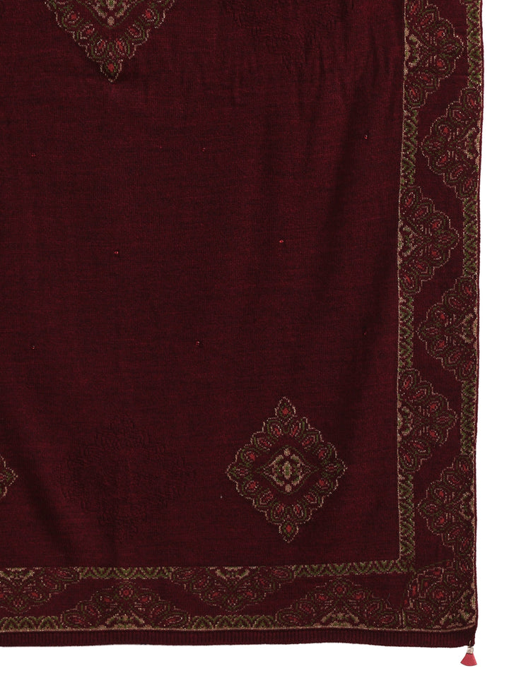Libas Maroon Ethnic Knitted Acrylic Wrap Shawl