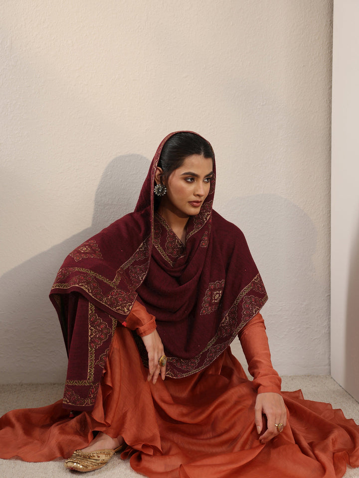 Libas Maroon Ethnic Knitted Acrylic Wrap Shawl