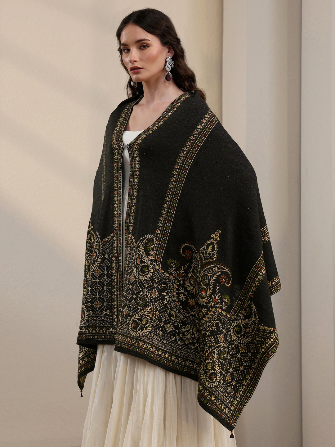 Libas Black Ethnic Knitted Acrylic Wrap Shawl