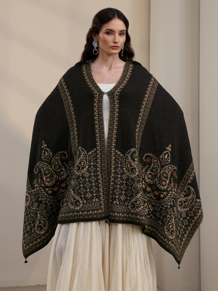 Libas Black Ethnic Knitted Acrylic Wrap Shawl