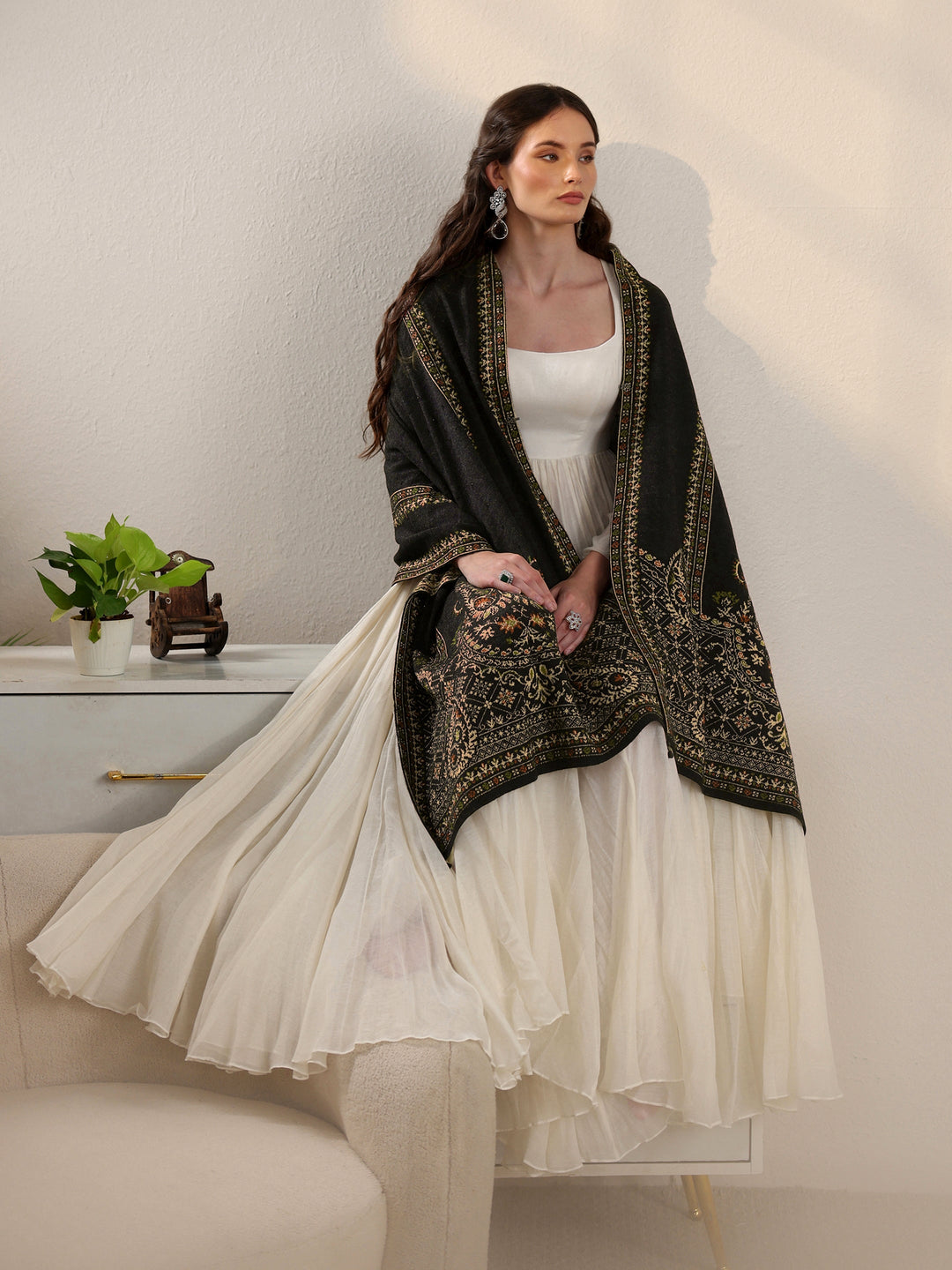 Libas Black Ethnic Knitted Acrylic Wrap Shawl
