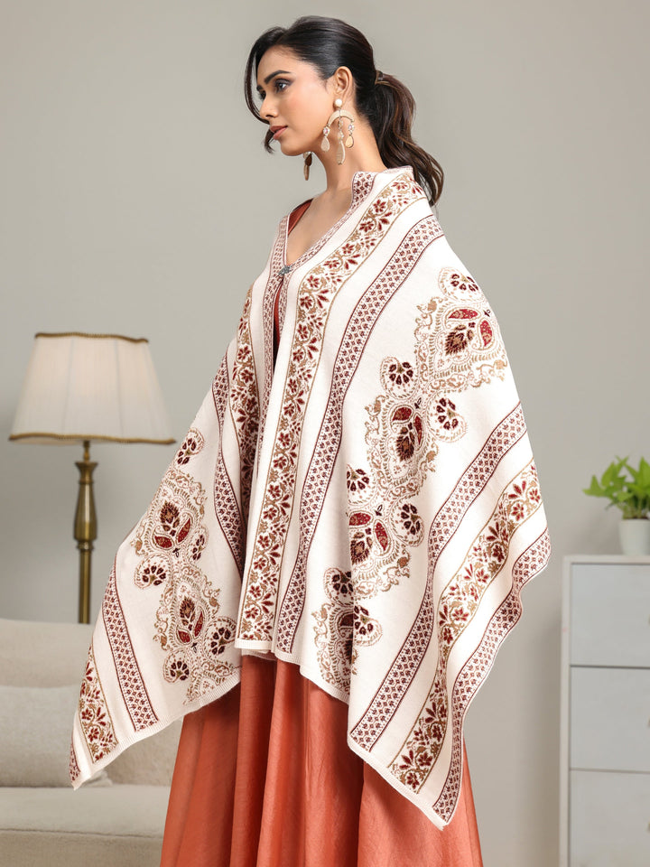 Libas White Floral Knitted Acrylic Wrap Shawl