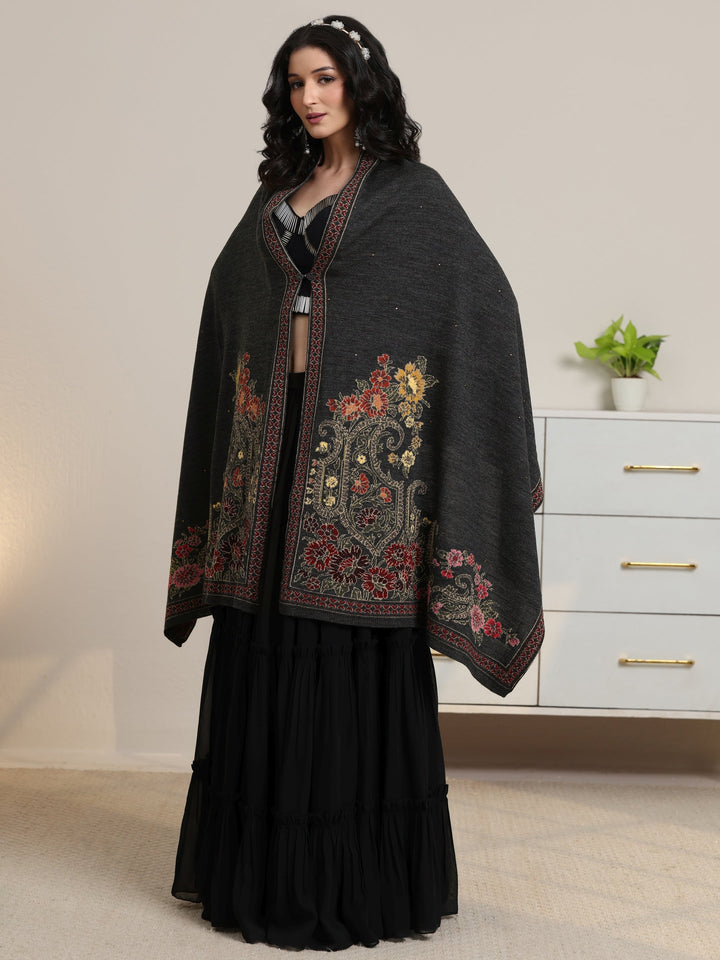 Libas Dark Grey Floral Knitted Acrylic Wrap Shawl