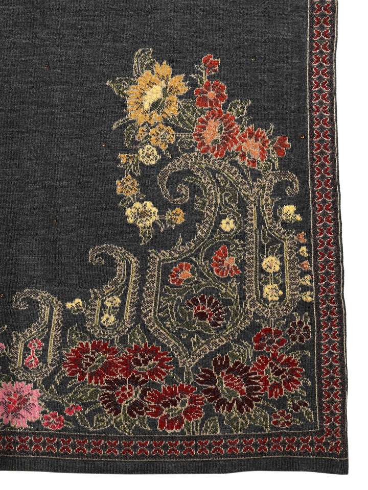 Libas Dark Grey Floral Knitted Acrylic Wrap Shawl