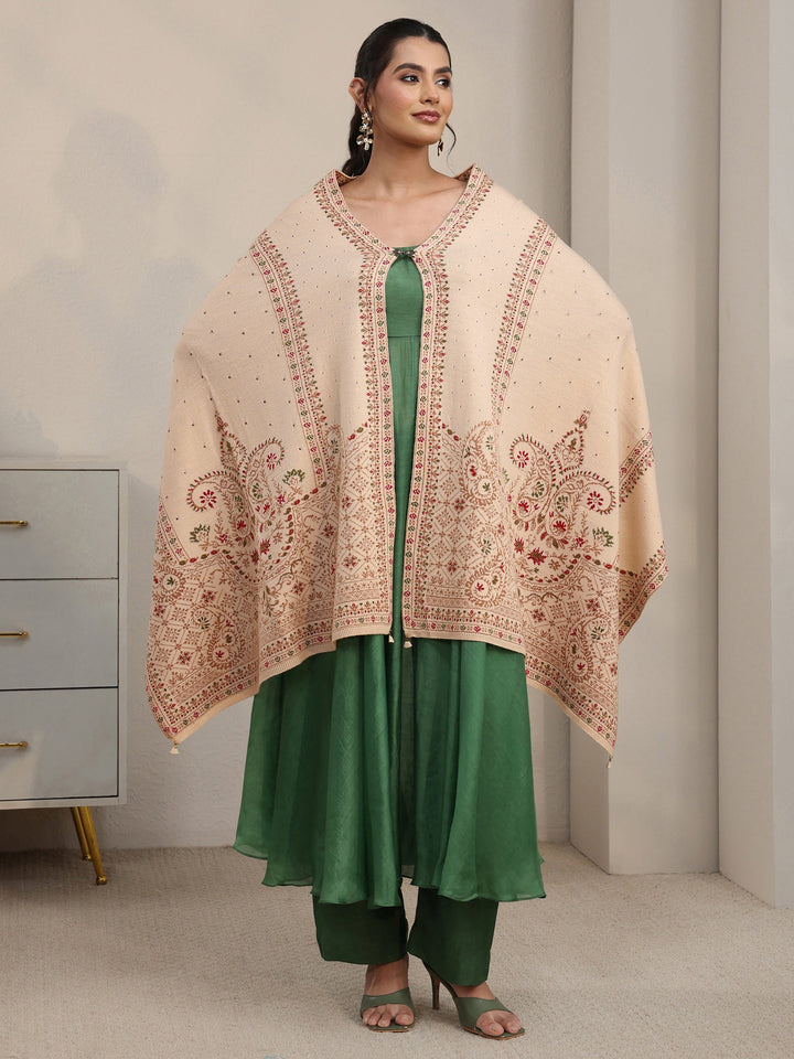 Libas Beige Floral Knitted Acrylic Wrap Shawl