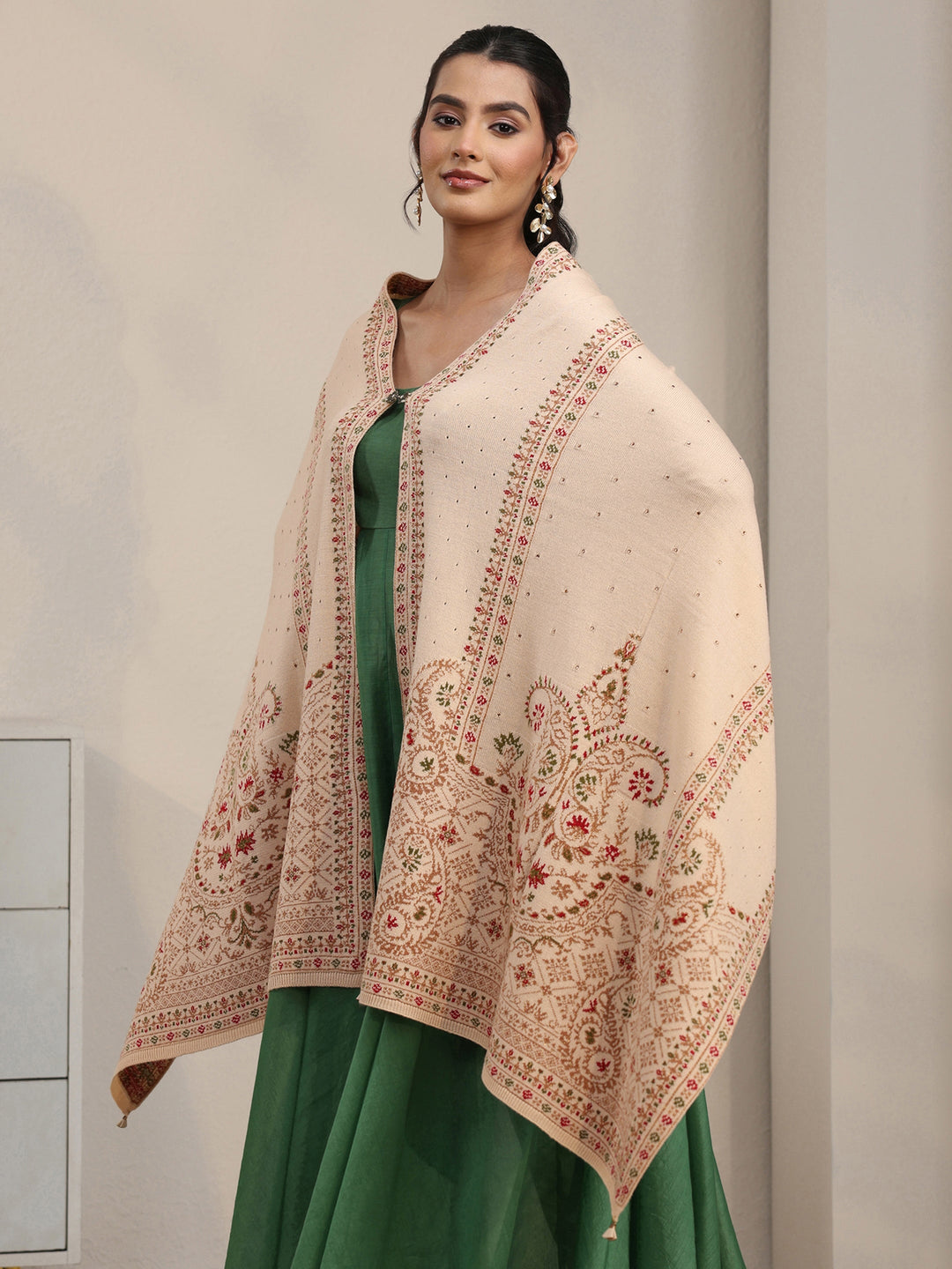Libas Beige Floral Knitted Acrylic Wrap Shawl