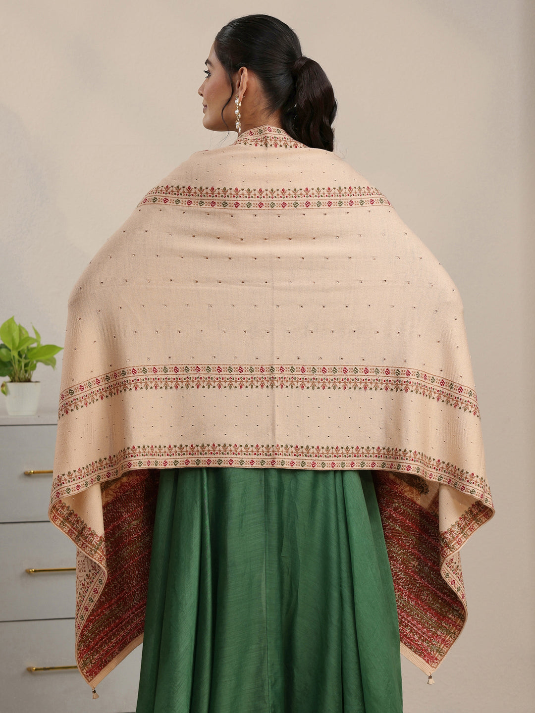 Libas Beige Floral Knitted Acrylic Wrap Shawl