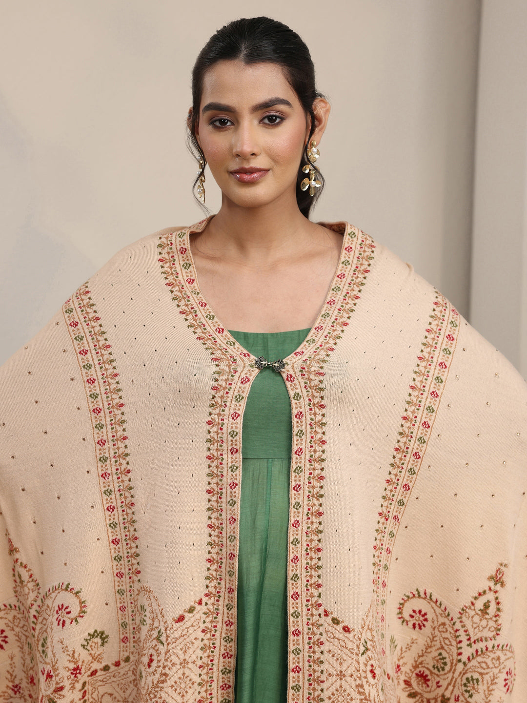 Libas Beige Floral Knitted Acrylic Wrap Shawl