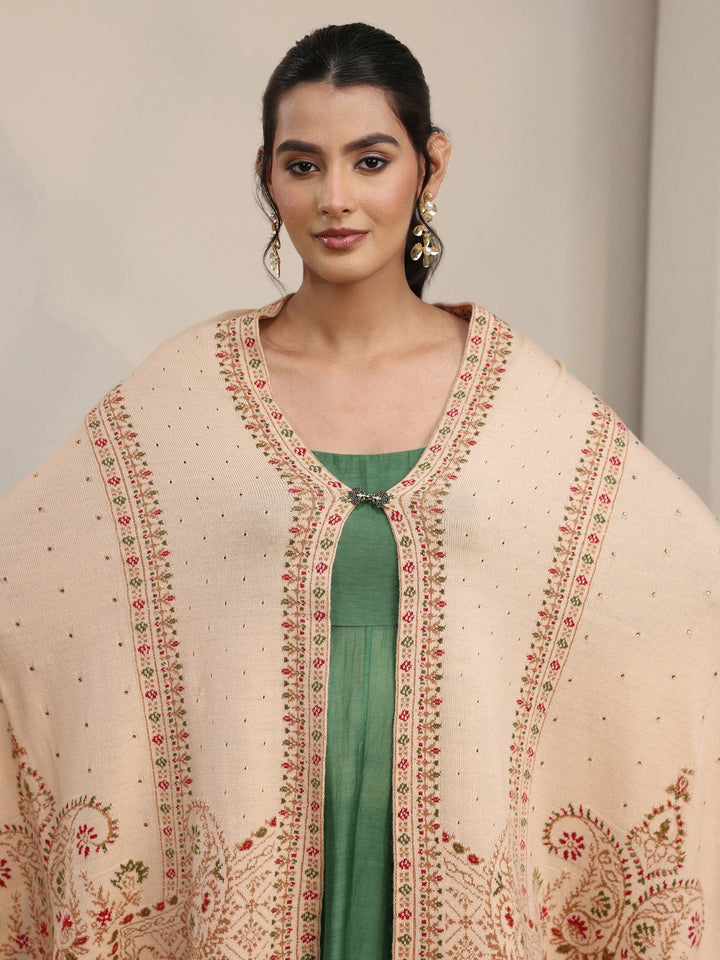 Libas Beige Floral Knitted Acrylic Wrap Shawl