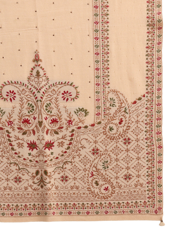 Libas Beige Floral Knitted Acrylic Wrap Shawl
