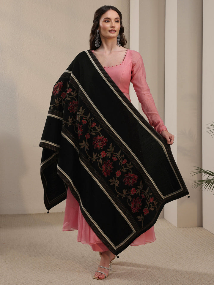 Libas Black Floral Knitted Acrylic Shawl