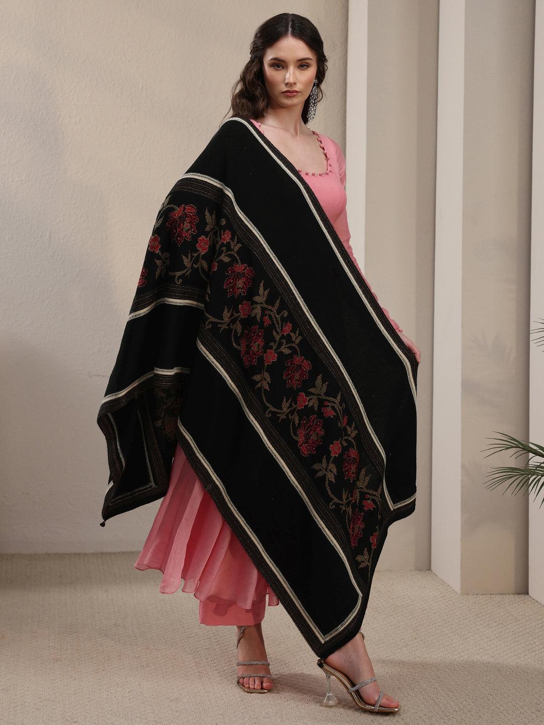 Libas Black Floral Knitted Acrylic Shawl