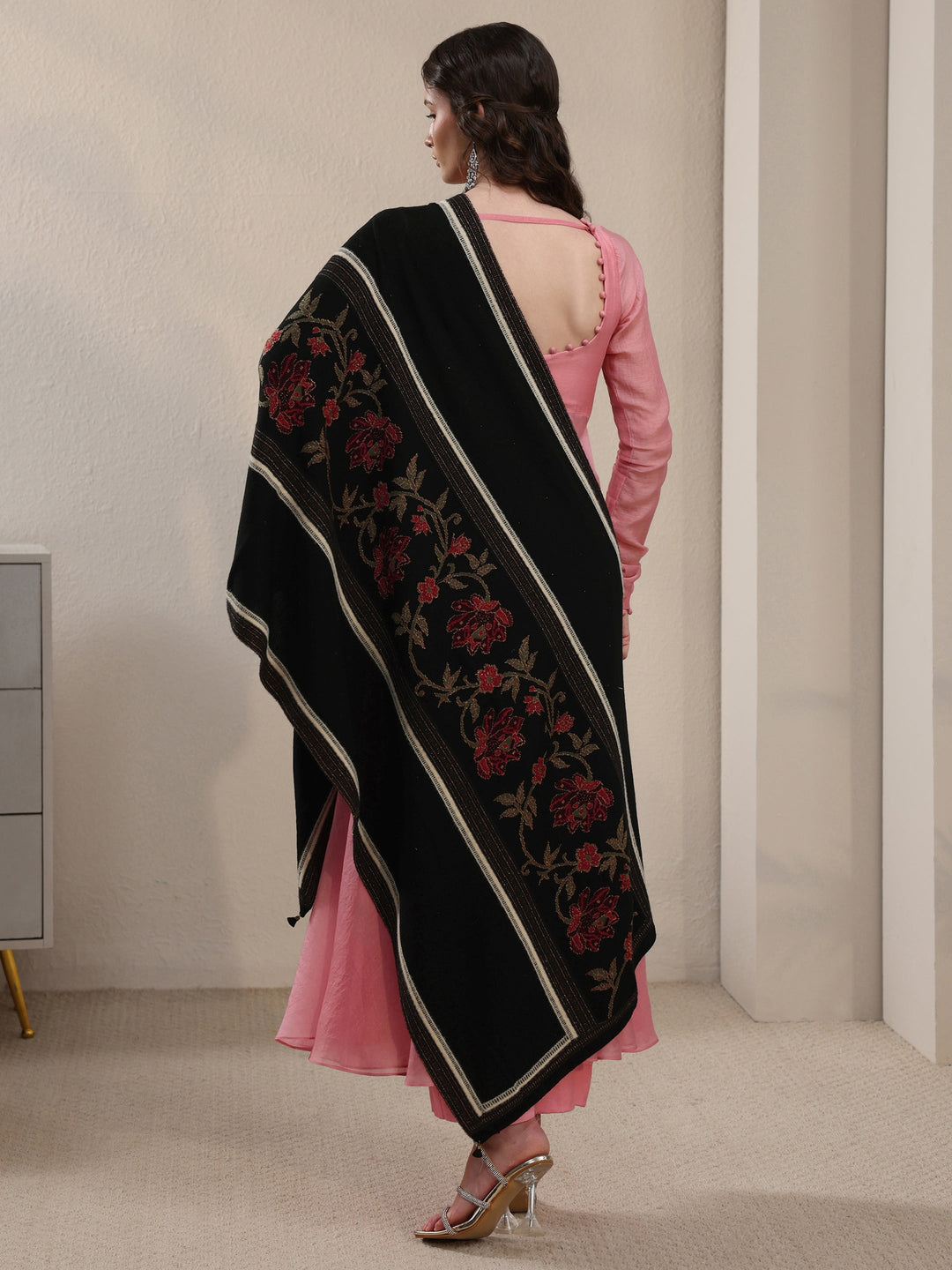 Libas Black Floral Knitted Acrylic Shawl