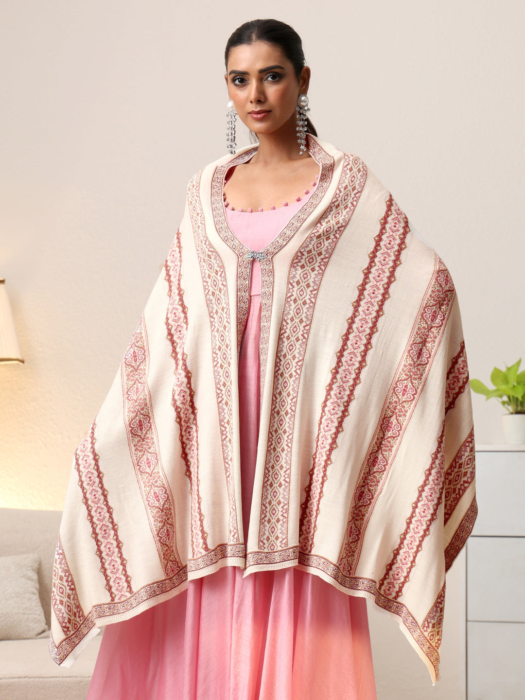 Libas White Ethnic Knitted Acrylic Wrap Shawl